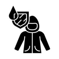 Regenmantel-Glyphe-Symbol. wasserfester Stoff, Textil. Wasserfester Mantel. wasserabweisende Kleidung. wasserfeste Jacke. Regenfeste Kleidung. Silhouettensymbol. negativer Raum. vektor isolierte illustration