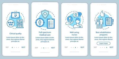 Vorteile des medizinischen Dienstes beim Onboarding der mobilen App-Seitenbildschirm-Vektorvorlage. hochwertige Gesundheitsversorgung, Rehabilitation. Walkthrough-Website-Schritte mit Illustrationen. ux, ui, gui smartphone-schnittstellenkonzept vektor