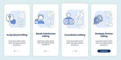 verkaufsstrategien hellblauer onboarding-bildschirm der mobilen app. Marketing Walkthrough 4 Schritte bearbeitbare grafische Anweisungen mit linearen Konzepten. ui, ux, gui-Vorlage. vektor