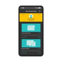 blogg app smartphone gränssnitt vektor mall. mobil sida svart design layout. webbdesigners profilskärm. blogga, dela inlägg ansökan. platt ui. webbdesigninnehåll på telefonens display.