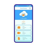 Vektorvorlage für die Smartphone-Schnittstelle der Cloud-Speicher-App. mobile Seite blaues Design-Layout. Daten speichern, Anwendungsbildschirm übertragen. flache ui. Foto, Video, Dokumente, die auf das Telefondisplay hochgeladen werden. vektor