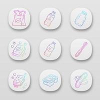 Zero waste swaps handgjorda app ikoner set. miljövänliga produkter. återanvändbar matlåda, eko-svampar, plastflaska. ui ux användargränssnitt. webb- eller mobilapplikationer. vektor isolerade illustrationer