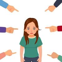 deprimerad ung kvinna som känner sig ledsen, skyldig och skäms blir mobbad med fingret runt omkring pekar på henne och anklagar henne offentligt vektor