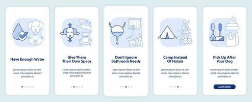 roadtrip mit ratschlägen für haustiere hellblauer onboarding-bildschirm der mobilen app. Komplettlösung 5 Schritte editierbare grafische Anweisungen mit linearen Konzepten. ui, ux, gui-Vorlage. vektor