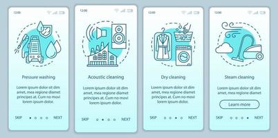 rengöringsmetoder onboarding mobil app sidskärm, linjära koncept. fyra genomgångssteg grafiska instruktioner. högtryckstvätt. torr, ångrensning. ux, ui, gui vektormall med illustrationer vektor