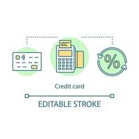 Kreditkarte-Konzept-Symbol. Vorteile der Kartenzahlung. Zahlungsterminal. E-Banking. Geld zurück. Cashless Boni Idee dünne Linie Illustration. Vektor isoliert Umrisszeichnung. editierbarer Strich