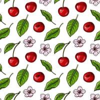 handritad färgglada sömlösa mönster med körsbärsbär och blommor. vektor illustration i färgad skiss stil