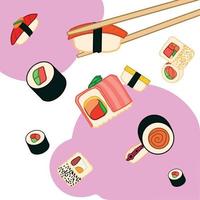 Verschiedene Arten von Sushi und Rollen schweben in der Luft. Gestaltungselement für das Emblem-Menü des Plakatetiketts. Vektor-Illustration vektor