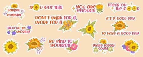 uppsättning positiva inspirerande klistermärken med blommor och solrosor. vektor illustration. positiv ljus text för en planerare eller dagbok.
