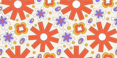 Nahtloses Muster mit Retro-Blumen 70. Psychedelisches grooviges geometrisches Muster mit Blumen. Gänseblümchen für Hippie-Hintergrund. flache vektorillustration. psychedelische Tapete. vektor
