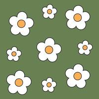 1970 Trippy Gänseblümchenmuster. weiße Gänseblümchen auf grünem Hintergrund. Blumenhintergrund der 70er Jahre. groovige handgezeichnete Vektorillustration. vektor