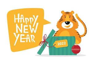 gott nytt år. nyårspresent. tiger i en presentförpackning. tiger 2022. nyårssymbol. text. vektor
