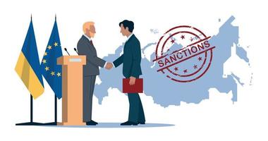 sanktioner. affärsmän. män i kostymer, politiker, affärsmän. handslag. underteckna ett avtal. Ukrainas och Europeiska unionens flagga. vektor bild.