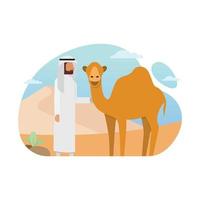 niedliche eid al-adha-hintergrundillustration mit dem mann, der kamel hält vektor