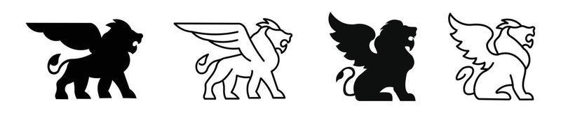 Löwe mit Flügelsymbol. geflügelter löwe, löwe mit flügelschattenbild lokalisierte vektorillustration.