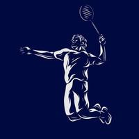 badminton man smash shot vektor silhuett linje popkonst potrait logo färgglada design med mörk bakgrund. abstrakt vektorillustration. isolerade svart bakgrund för t-shirt, affisch, kläder.