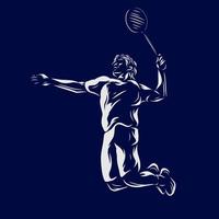 Badminton Mann Smash Shot Vektor Silhouette Linie Pop Art Potrait Logo farbenfrohes Design mit dunklem Hintergrund. abstrakte Vektorillustration. isolierter schwarzer hintergrund für t-shirt, poster, kleidung.