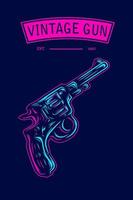 Revolver. Vintage Pistole Pistolenlinie. Pop-Art-Logo. farbenfrohes Design mit dunklem Hintergrund. abstrakte Vektorillustration. isolierter schwarzer hintergrund für t-shirt, poster, kleidung. vektor