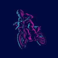 Motocross-Bike-Fahrerlinie. Pop-Art-Logo. farbenfrohes Design mit dunklem Hintergrund. abstrakte Vektorillustration. isolierter schwarzer hintergrund für t-shirt, poster, kleidung, merch, bekleidung, abzeichendesign vektor