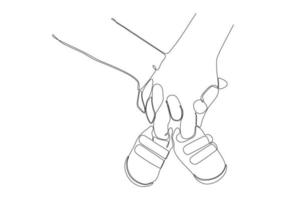 kontinuerlig linje av mammas hand som håller barnets skor vektor