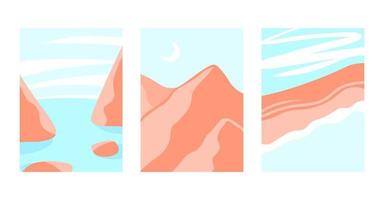 Sammlung von abstrakten Hintergrundvorlagen. einfacher vektorillustrationssatz. Webbanner oder Raumwandposter. Flache Landschaften mit Meer, Bergen und blauem Himmel. vektor