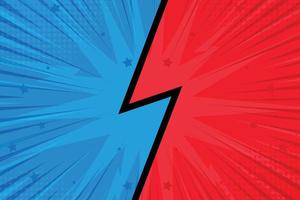 Vektor versus Buchstaben kämpfen gegen roten und blauen Hintergrund im Comic-Stil.