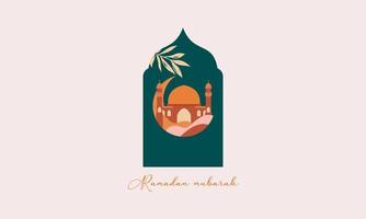 Ramadan Mubarak-Grußkarten im modernen Stil mit Retro-Boho-Design, Mond, Moscheenkuppel und Laternen vektor