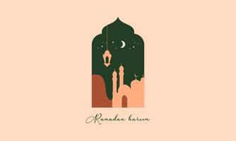 ramadan mubarak gratulationskort i modern stil med retro boho-design, måne, moskékupol och lyktor vektor