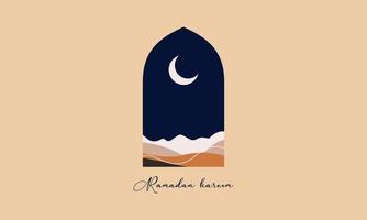 Ramadan Mubarak-Grußkarten im modernen Stil mit Retro-Boho-Design, Mond, Moscheenkuppel und Laternen vektor