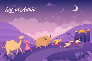 eid al-adha grußkarte. karikaturmuslimische kinder bringen tiere zum opfern in eid al adha mubarak vektor