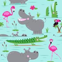 Hippopotamus-Musterdesign mit Flamingos und Krokodilen - lustiges handgezeichnetes Doodle, nahtloses Muster. beschriftungsplakat oder t-shirt textilgrafikdesign. Tapete, Packpapier, Hintergrund. vektor