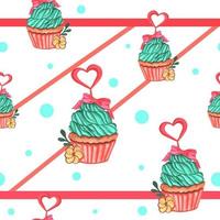 Wasserfarbenes, nahtloses Muster aus süßem Muffin, Cupcake mit grüner Schlagsahne und herzförmigem Karamell auf dem Hintergrund roter Streifen. süße modevorlage für stoff, broschüre, servietten. Vektor