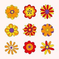 Retro-Kollektion von bunten Hippie-Blumen. vintage festliches grooviges botanisches design. trendige vektorillustration im stil der 70er und 80er jahre. vektor