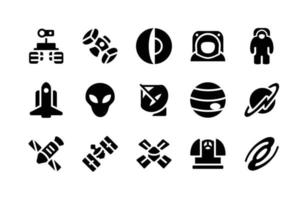 rymdglyph-ikoner inklusive rover, satellit, planet, astronaut, astronauter, raket, utomjording, satellit, jupiter, planeter, rymdskepp, satellit, satellit, observatorium, galax vektor