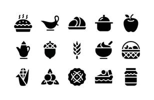 Thanksgiving-Glyphen-Symbole wie Torte, Sauciere, Schinken, Topf, Apfel, Teekanne, Eichel, Weizen, Haferbrei, Weide, Mais, Preiselbeere, Torte, Torte, Marmelade vektor