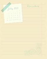 kalender juli 2022 erinnerungen, aufgabenliste, planer notizen, scrapbooking, ananas und liniertes notizbuchblatt, ideen, pläne. vektor