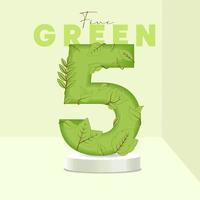 nummer 5 blad och grenar på stativet. löv teckensnitt. 5 symbol med grön växt textur. samling av ekosymboler. vektor design bit och mall illustration.