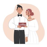 Hochzeitspaar, das ein Hochzeitsschild hält. Braut und Bräutigam heiraten. das Konzept der Liebe. vektor