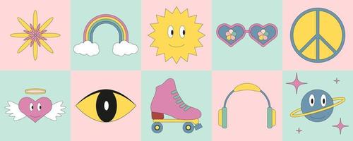 lustige Retro-Zeichentrickfiguren. psychedelische Vintage-Karten mit Regenbogen, Sonnenbrille, Sonne und Herz mit Flügeln und Ring. grafische Elemente für Plakatvorlagen vektor
