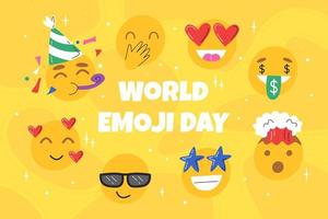 süßes Emoji mit verschiedenen Gesichtsausdrücken auf gelbem Hintergrund. Happy World Emoji Day, 17. Juli. feierkonzept mit lustigen emoticons. Kommunikationssymbole. vektor hand gezeichnete flache illustration