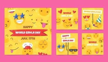 glad världs emoji-dag, mallar för sociala medier. söt emoji med olika ansiktsuttryck på gul bakgrund. firande koncept med roliga uttryckssymboler. vektor handritad platt illustration