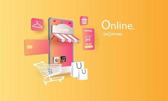 Online-Shopping am Telefon kaufen, verkaufen, Geschäft, digitales Web-Banner, Anwendung, Geld, Werbung, Zahlung, E-Commerce, Vektorsuche vektor