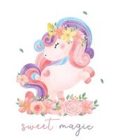 niedliches aquarell süßes florales magisches lila baby einhorn im blumengarten, kinderzimmerkarikaturmalerei vektorillustration vektor