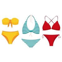Sammlung von Damenbadebekleidung. Reihe von modischen Badeanzügen oder Bikinioberteilen und -unterteilen. Damenbadeanzüge für den Sommerurlaub. vektor