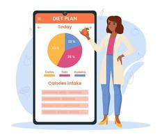 nutritionist koncept. näringsrekommendation och kostplan. en mobilapplikation med hälsoövervakning. vektor illustration.