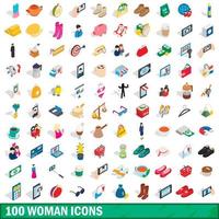 100 kvinna ikoner set, isometrisk 3d-stil vektor