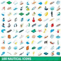 100 nautische Symbole gesetzt, isometrischer 3D-Stil vektor