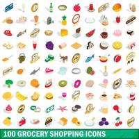 100 Lebensmitteleinkaufssymbole gesetzt, isometrischer 3D-Stil vektor