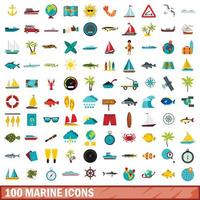 100 Marine-Icons gesetzt, flacher Stil vektor