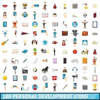 100 personlig utveckling ikoner set, tecknad stil vektor